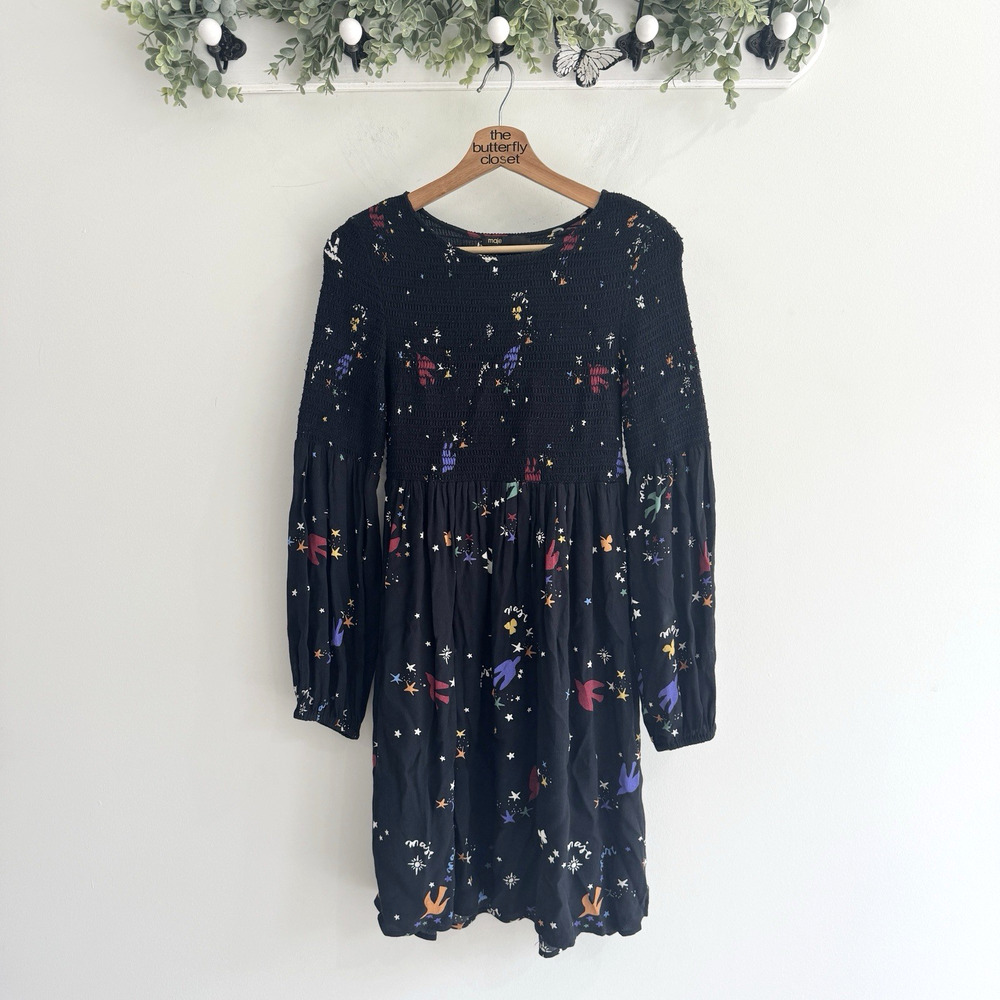 Maje Reskita smocked bird print Dress Smocked Size 3/LARGE Z4072